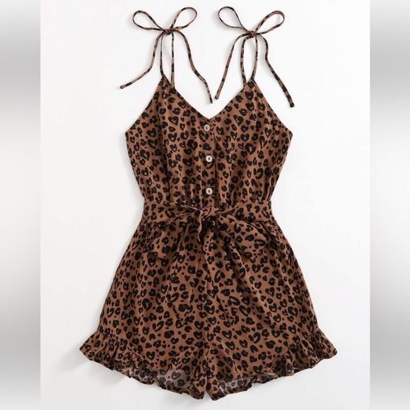 SHEIN Plus Tied Shoulder‎ Ruffle Hem Leopard Belted Cami Romper 2XL - Picture 2 of 11